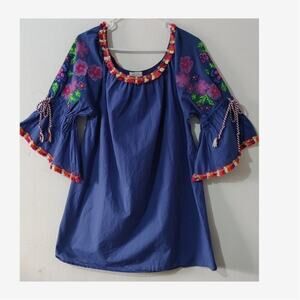 Velzera Floral Embroidered Tunic Top Size 1XL Cotton Royal Blue Bell Sleeve Boho